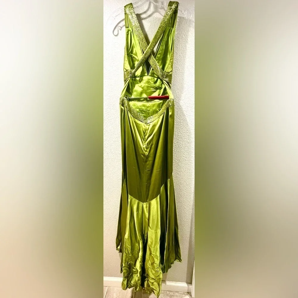 Jovani 100% SILK Green Beaded Backless Evening Gown Size 4 Formal Prom Dress - Picture 10 of 17